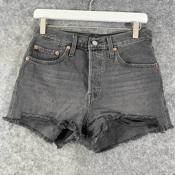 Levis 501 Denim Shorts 27 Charcoal Gray High Rise Jean Cutoff Eat Your Words - Picture 3 of 16